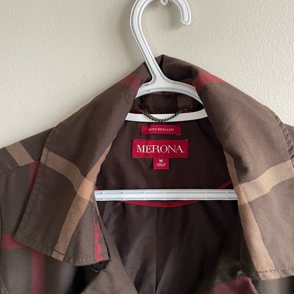 MERONA WATER REPELLANT TRENCH COAT TAN BROWN RED PLAID POCKETS BELT - Picture 4 of 13